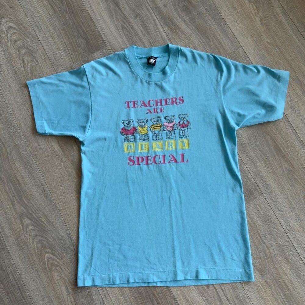 VTG 80's Women's Large Blue & Pink T-shirt 'Teachers Are Beary Special' Cottage